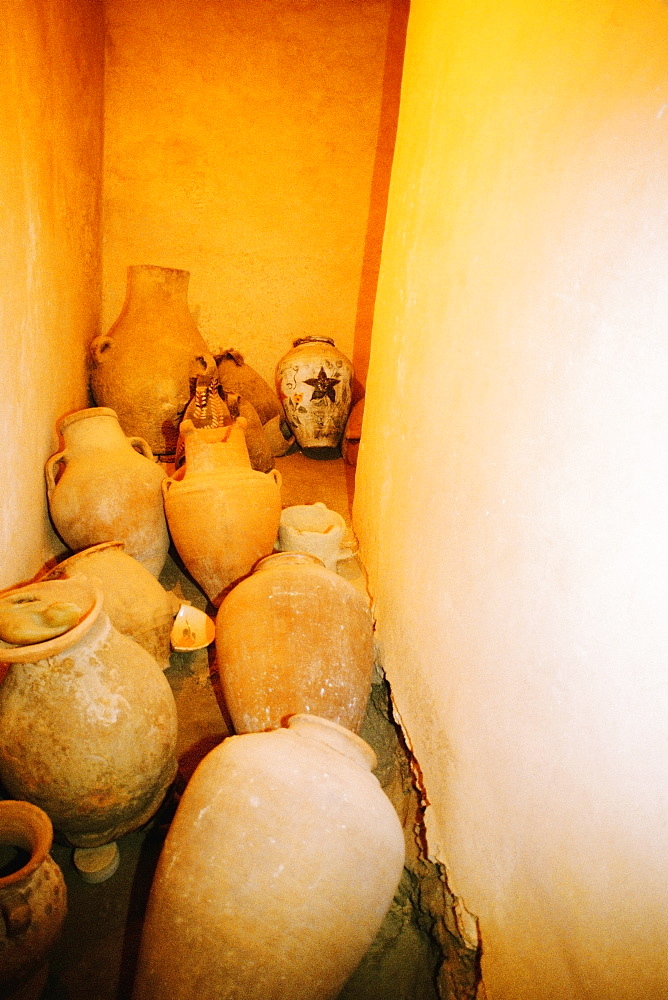 Ancient pottery in a church, Canal, Galilee, Israel