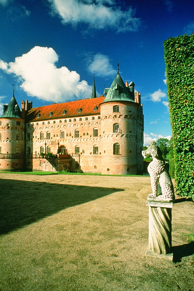 Statue in the courtyard of a castle, Egeskov Castle, Funen County, Denmark