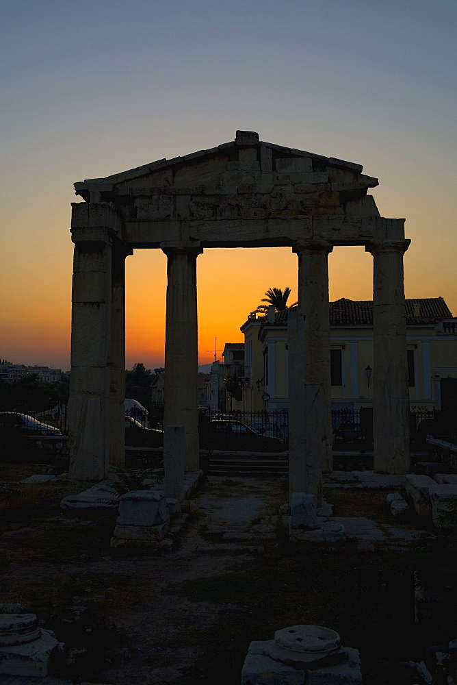 Silhouette of an old ruin at sunset, Roman Agora, Athens, Greece