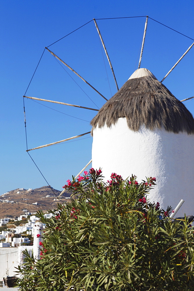 Low angle view of a traditional windmill, Mykonos, Cyclades Islands, Greece