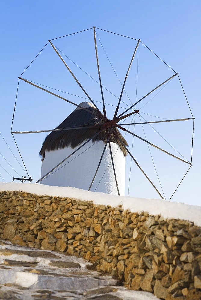 Low angle view of a traditional windmill, Mykonos, Cyclades Islands, Greece