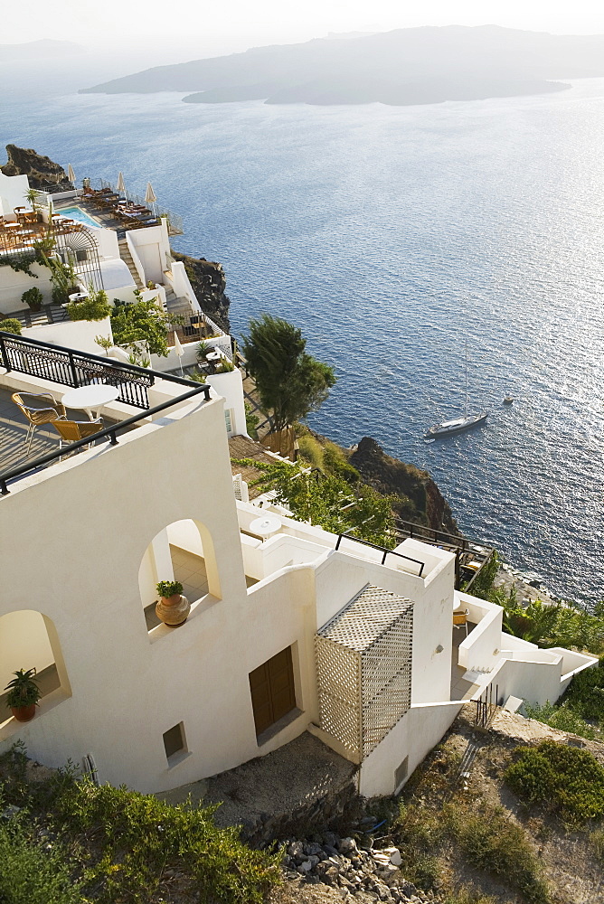 High angle view of buildings on the coast, Greece