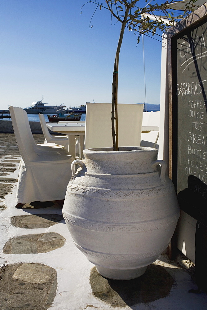 Decorative urn in a restaurant, Mykonos, Cyclades Islands, Greece