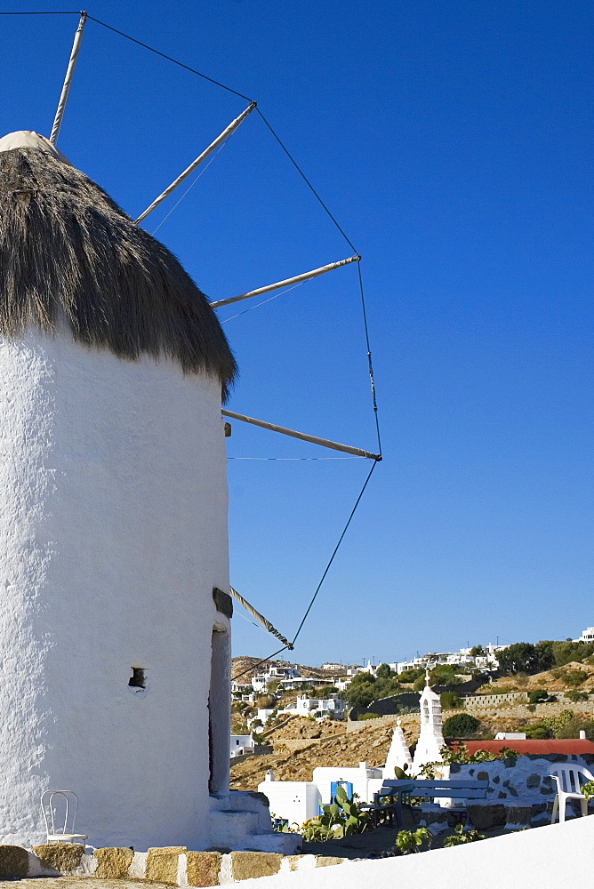 Low angle view of a traditional windmill, Mykonos, Cyclades Islands, Greece