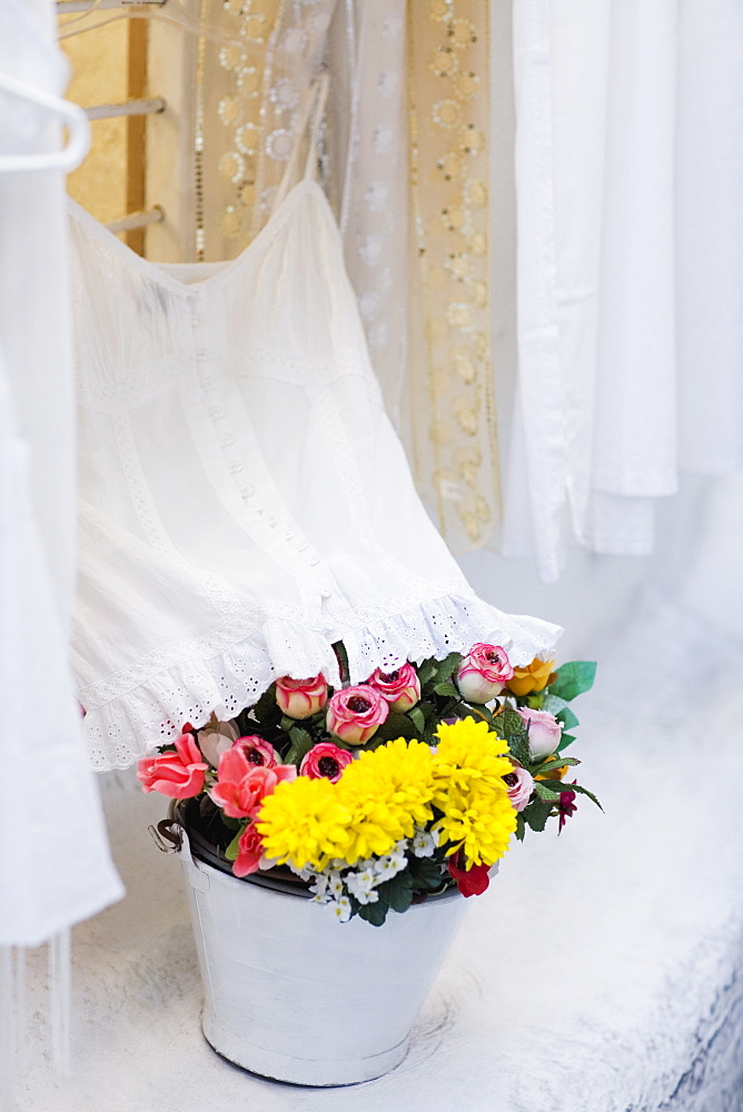 Bouquet of flowers near a window, Mykonos, Cyclades Islands, Greece