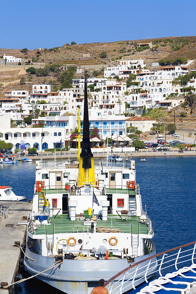 Ship moored at a harbor, Skala, Patmos, Dodecanese Islands, Greece