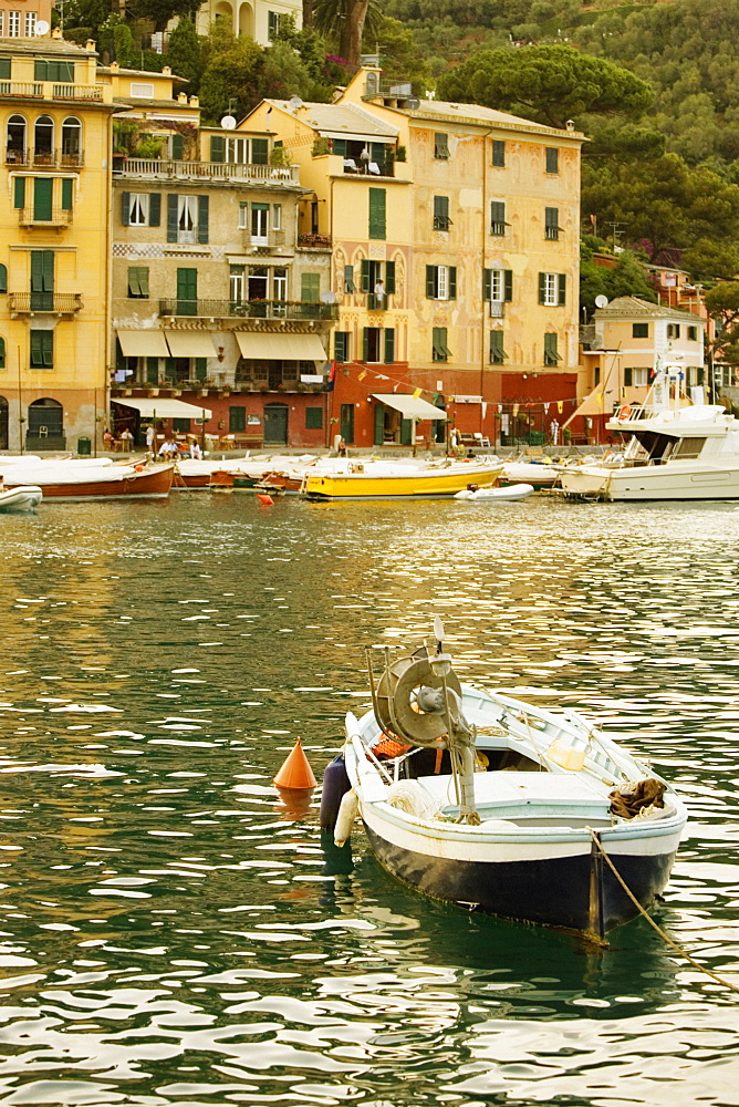 Boat moored at a harbor, Italian Riviera, Porticciolo, Portofino, Genoa, Liguria, Italy