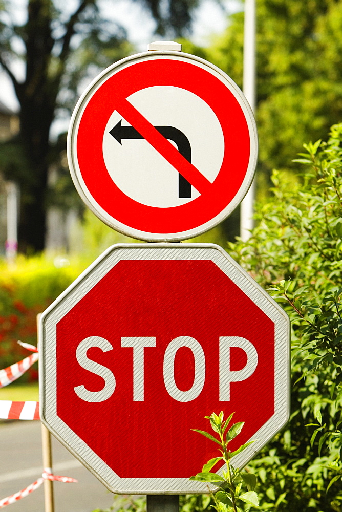 Close-up of stop signboards at the roadside, Le Mans, Sarthe, Pays-de-la-Loire, France