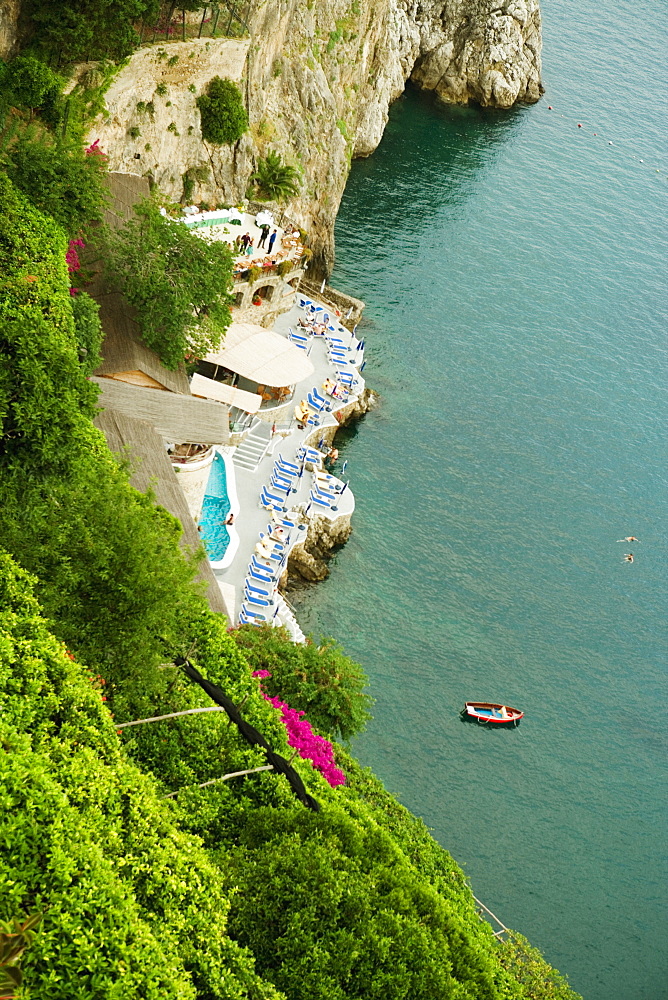 High angle view of a boat floating on water, Costiera Amalfitana, Salerno, Campania, Italy