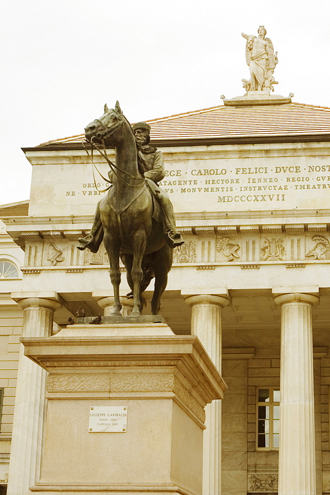 Statue of Giuseppe Garibaldi in front of a theatre, Piazza De Ferrari, Teatro Carlo Felice, Genoa, Italy