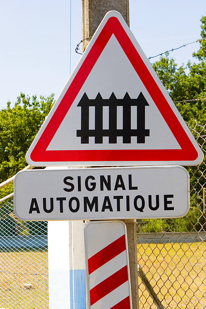 Close-up of a railroad crossing signboard, Loire Valley, France