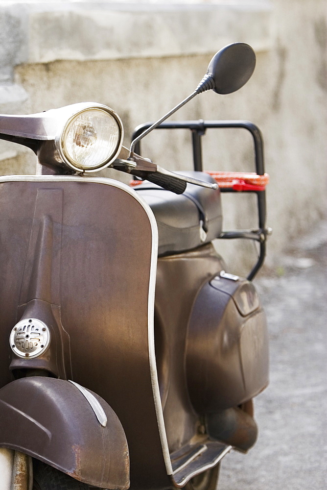 Close-up of a motor scooter, Italian Riviera, Santa Margherita Ligure, Genoa, Liguria, Italy