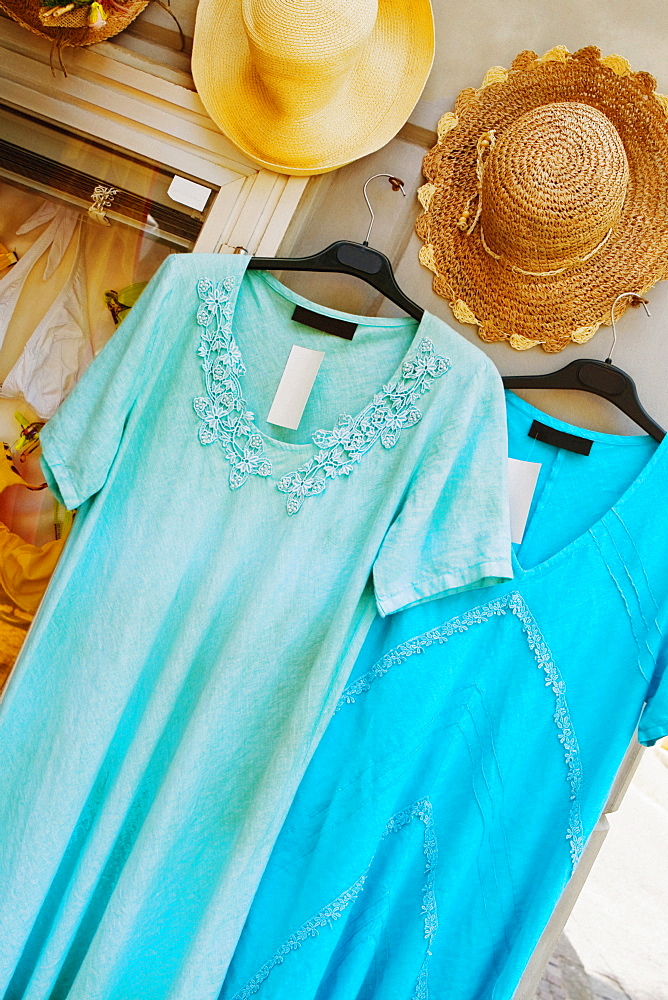 Dresses hanging in a store, Sorrento, Sorrentine Peninsula, Naples Province, Campania, Italy