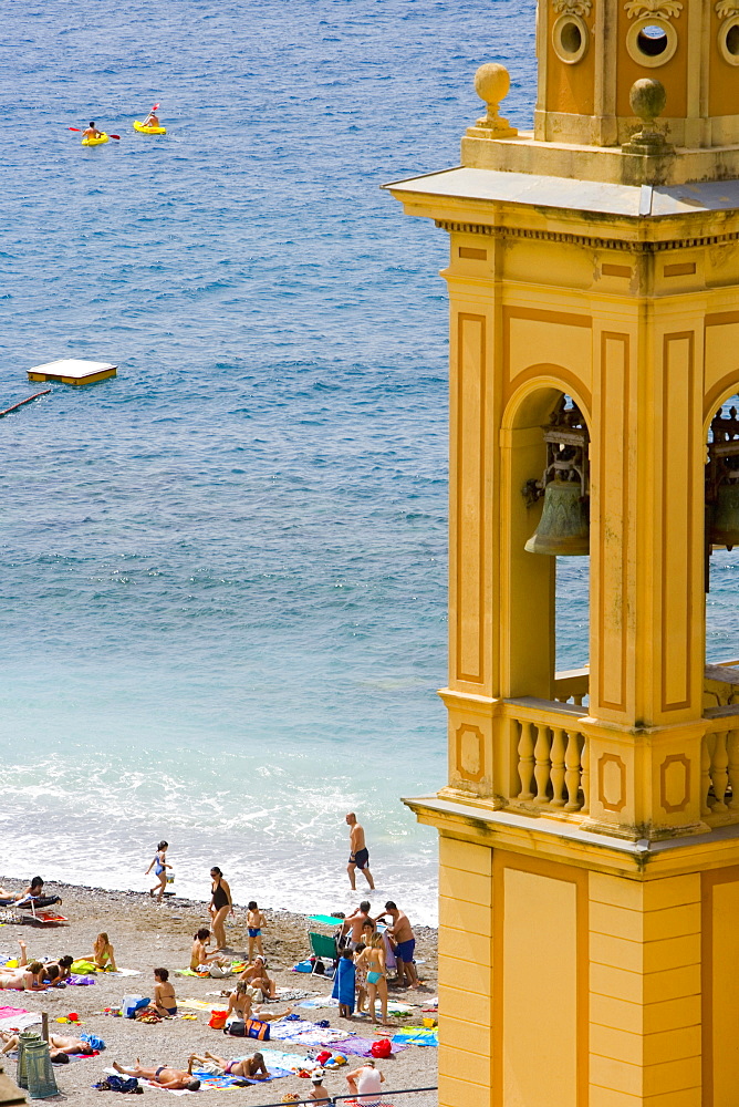 High angle view of tourists on the beach, Italian Riviera, Genoa Province, Liguria, Italy