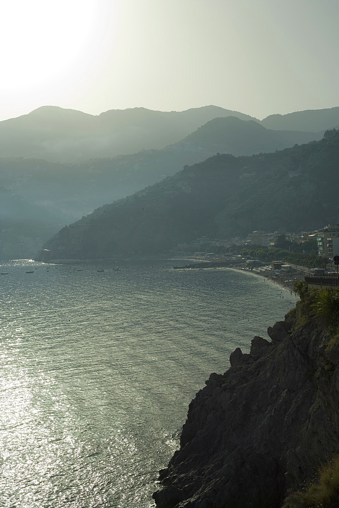 High angle view of a coastline, Amalfi Coast, Maiori, Salerno, Campania, Italy