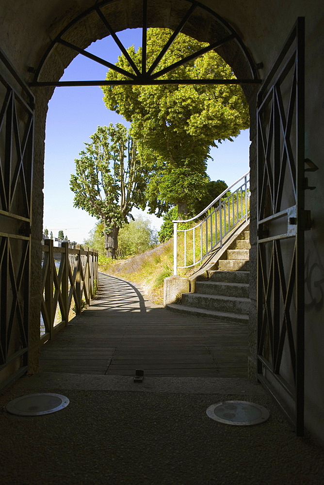 Staircase viewed through an archway, Pont Yssoir, Sarthe River, Le Mans, Sarthe, France