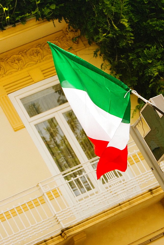 Low angle view of an Italian flag, Sorrento, Sorrentine Peninsula, Naples Province, Campania, Italy