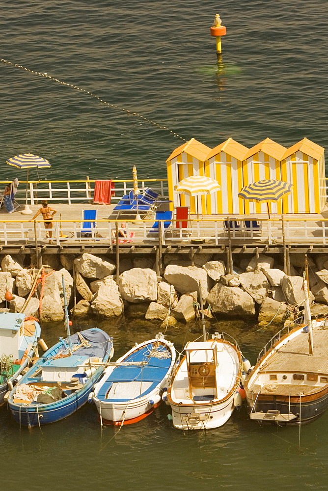 High angle view of tourist resorts, Marina Grande, Capri, Sorrento, Sorrentine Peninsula, Naples Province, Campania, Italy