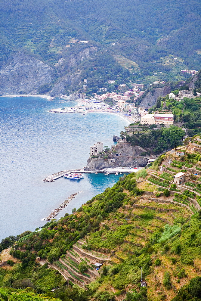 High angle view of a town at the sea side, Ligurian Sea, Italian Riviera, Cinque Terre, La Spezia, Liguria, Italy