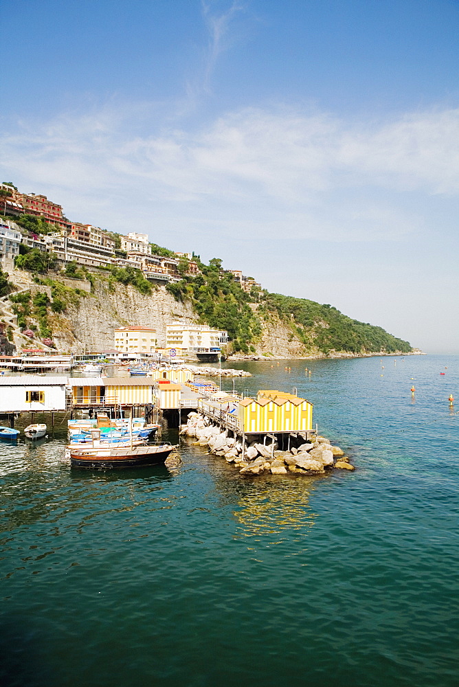 High angle view of stilt houses on a pier, Marina Grande, Capri, Sorrento, Sorrentine Peninsula, Naples Province, Campania, Italy