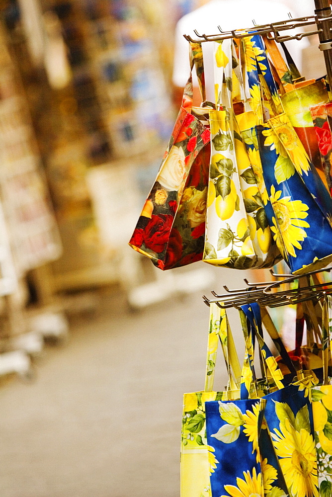 Hand bags at a market stall, Via Padre Reginaldo Giuliani, Sorrento, Sorrentine Peninsula, Naples Province, Campania, Italy