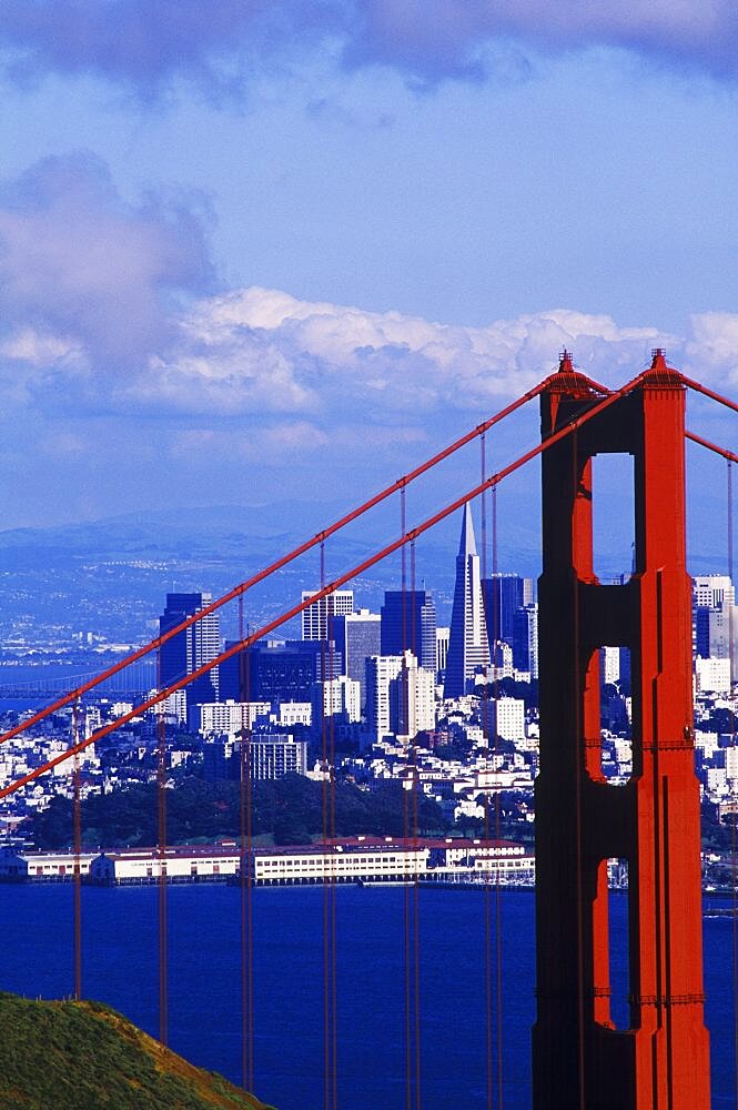 Close-up of a suspension bridge over a bay, Golden Gate Bridge, San Francisco, California, USA