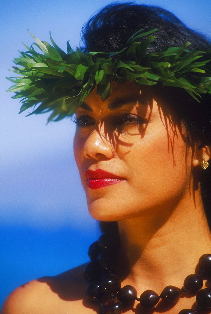 Close-up of a hula dancer wearing a necklace, Hawaii, USA