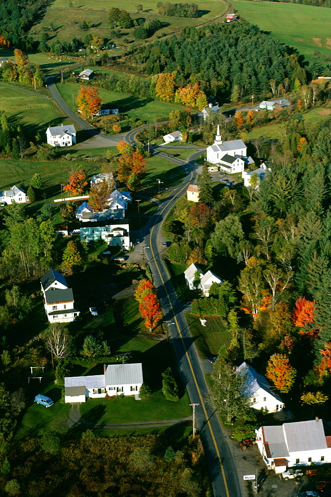 Aerial view of West Barnet, Vermont showing fall foliage