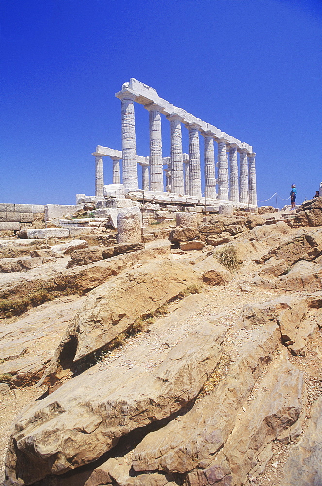 Low angle view of columns at an old ruin, Parthenon, Athens, Greece