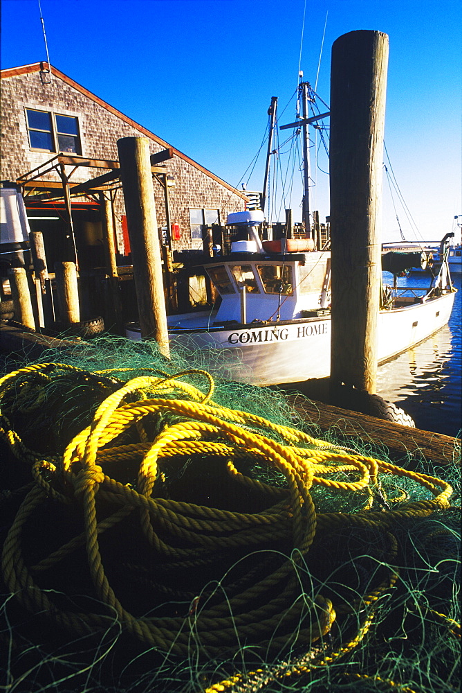 Boat moored at a dock, Cape Cod, Massachusetts, USA 