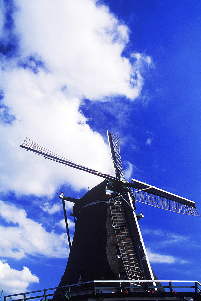 Low angle view of a traditional windmill, Amsterdam, Netherlands