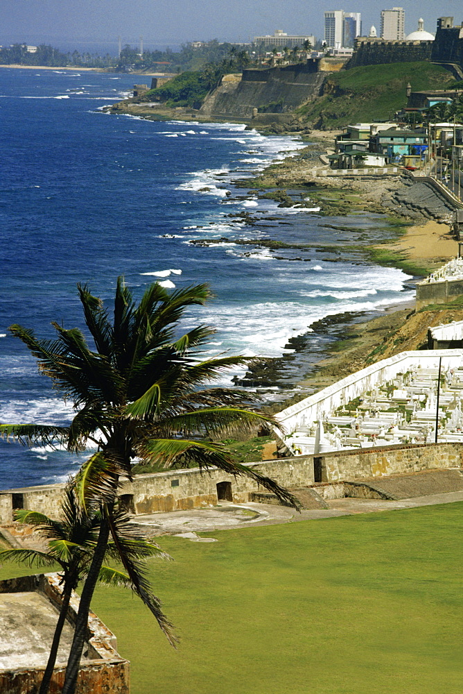 High angle view of El Morro Fort along a coastline, San Juan, Puerto rico