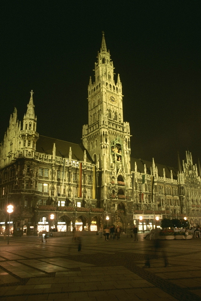 Building lit up at night, Munich Town Hall, Munich, Bavaria, Germany