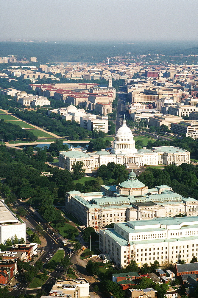 Aerial view of a government building in a city, Capitol Building, Library of Congress, Washington DC, USA