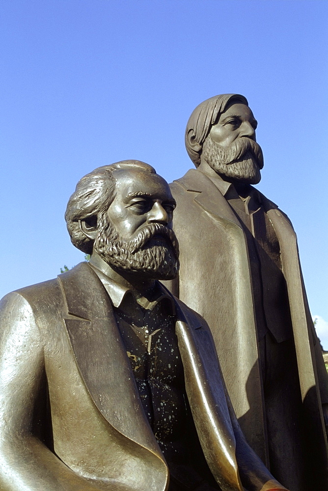 Close-up of two statues, Marx and Engle statues, Berlin, Germany