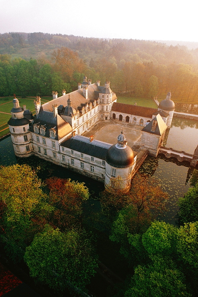 High angle view of Tanlay Chateau surrounded by trees, Burgundy, France