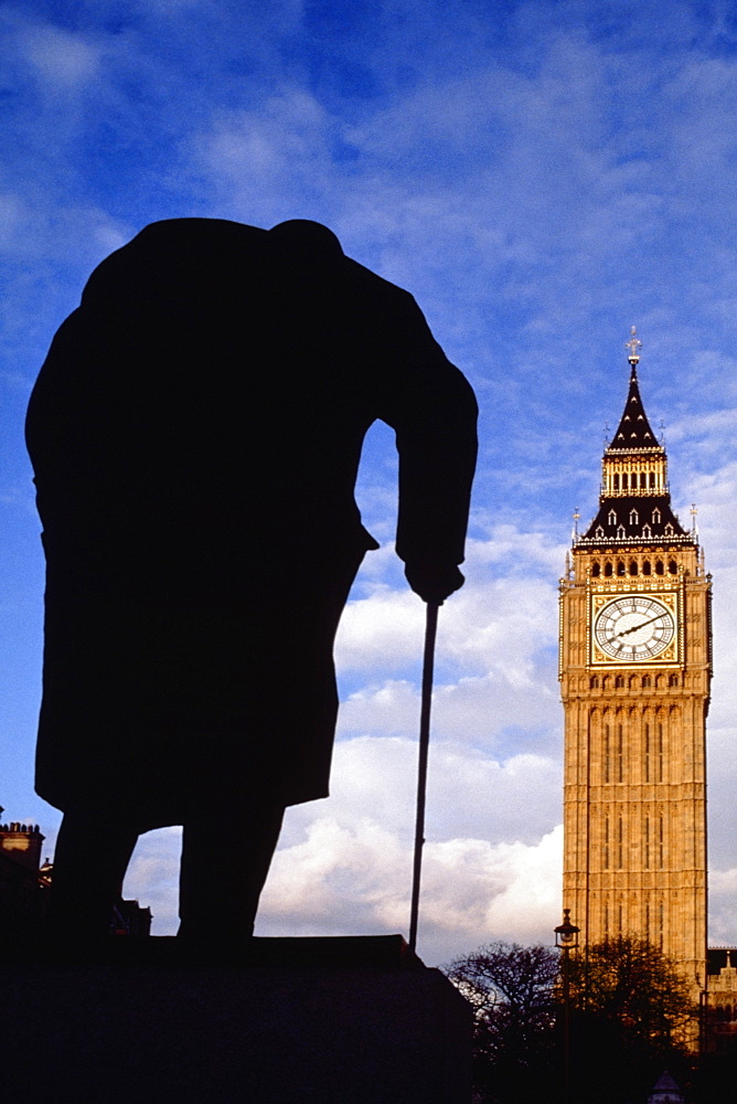 View of Churchill Statue and Big Ben in London, England