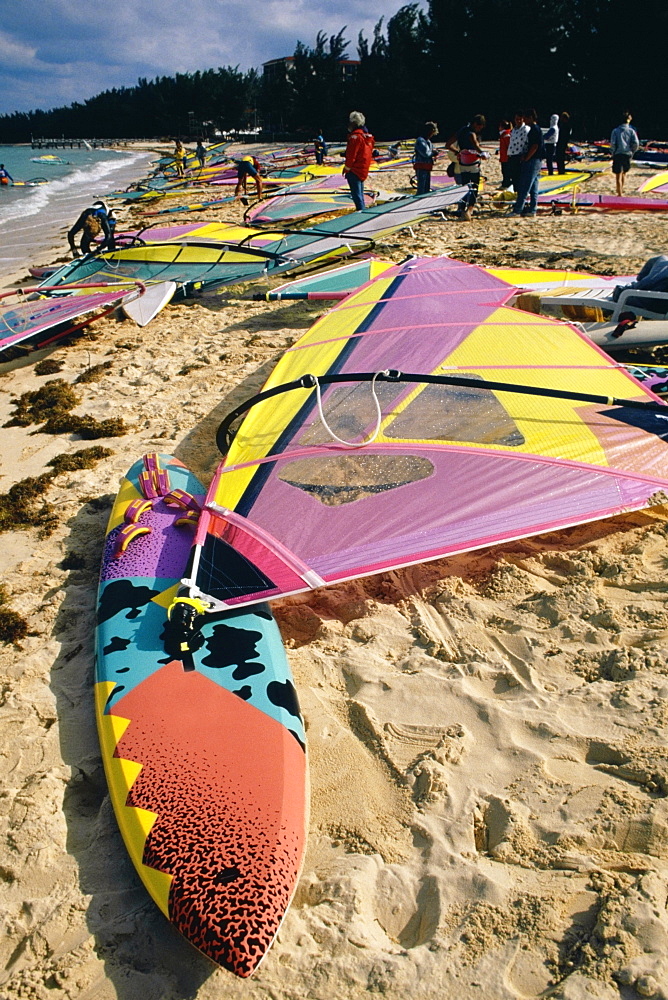 High angle view of colorful surfboards on a beach, Nassau, Bahamas