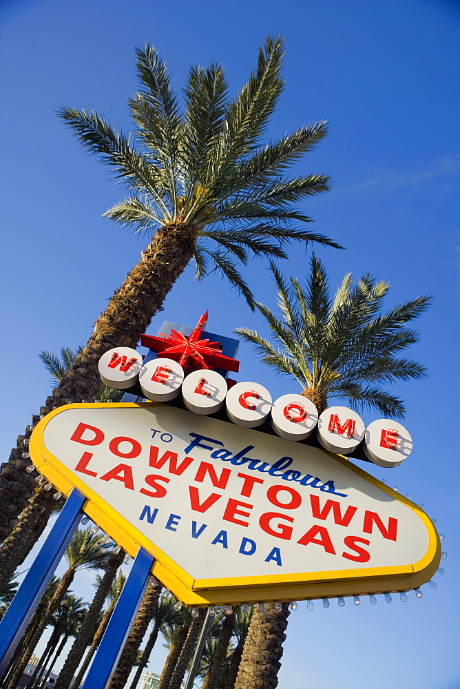 Low angle view of a sign board, Las Vegas, Nevada, USA