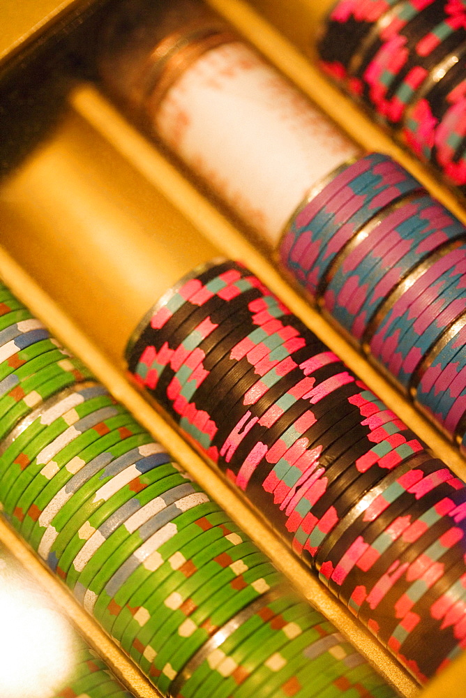 Close-up of gambling chips, Las Vegas, Nevada, USA