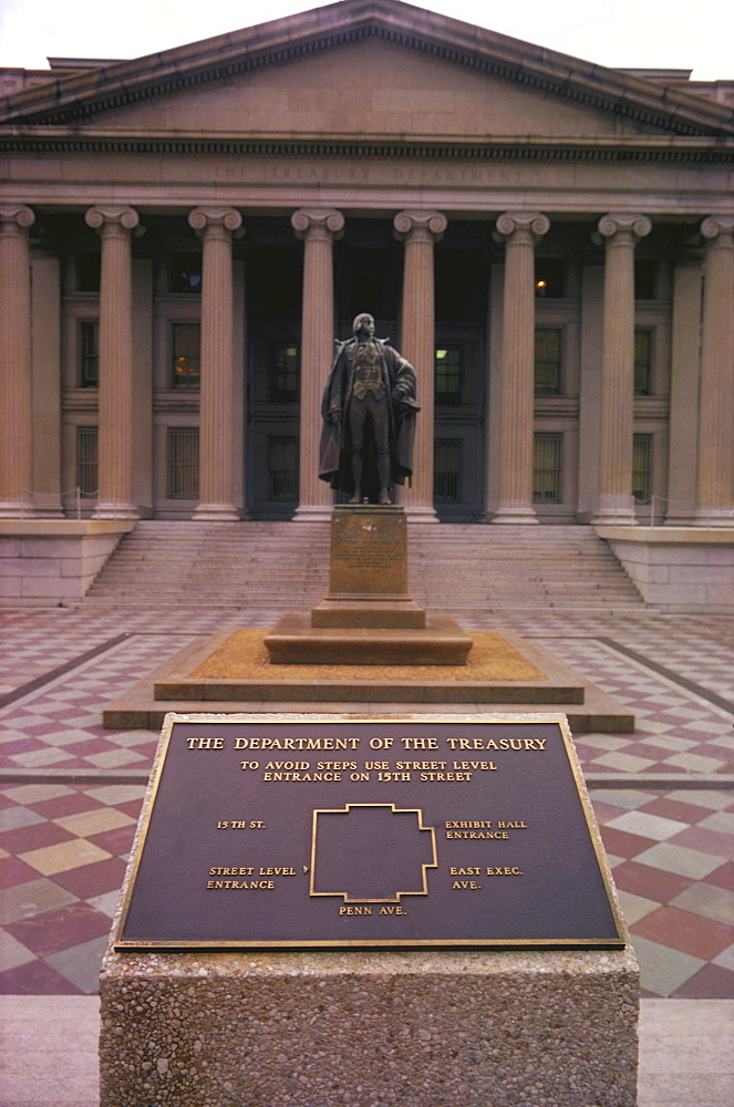 Statue in front of a building, US Treasury Department, Washington DC, USA