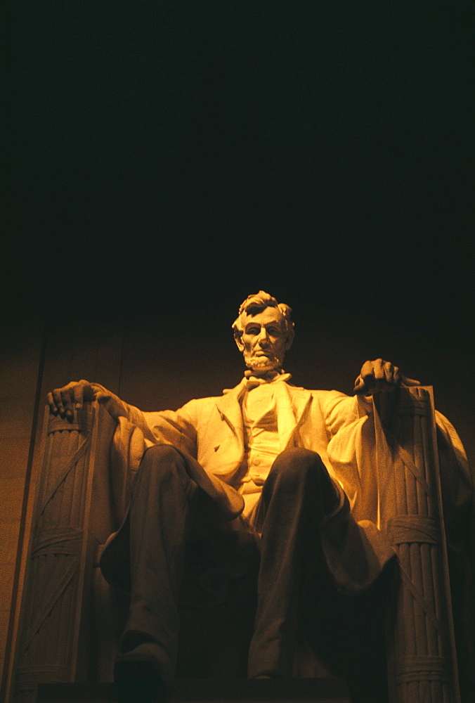 Low angle view of an Abraham Lincoln statue, Lincoln Memorial, Washington DC, USA