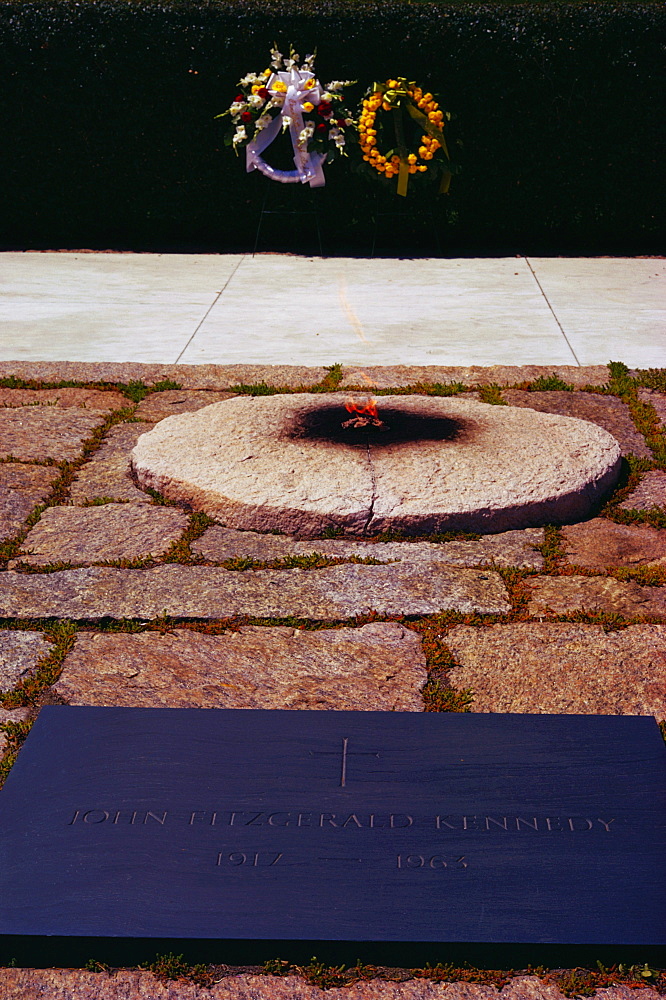 High angle view of a bouquet of flowers on a grave, Arlington National Cemetery, Arlington, Virginia, USA