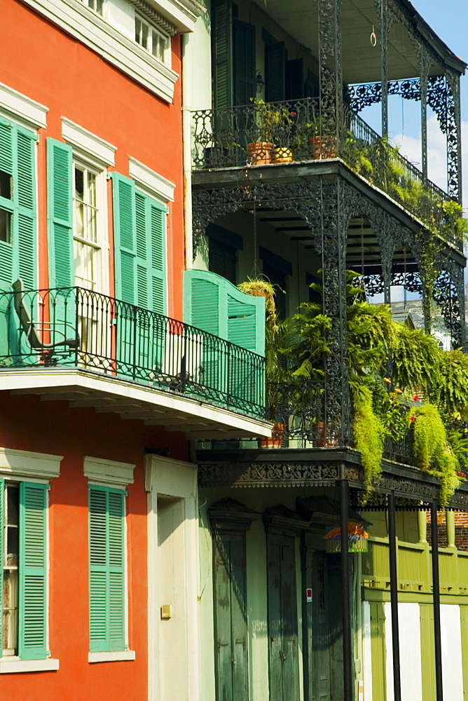 Low angle view of plants on the balcony of a building, New Orleans, Louisiana, USA