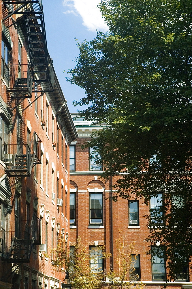 Low angle view of a fire escape on a building, Boston, Massachusetts, USA