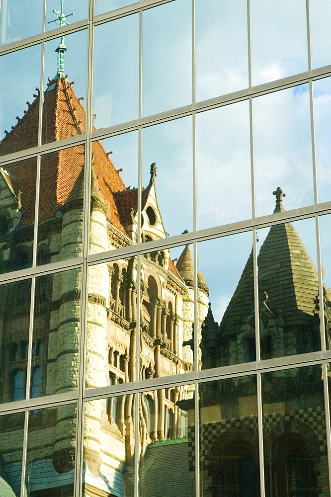 Reflection of a church on a building, Boston, Massachusetts, USA