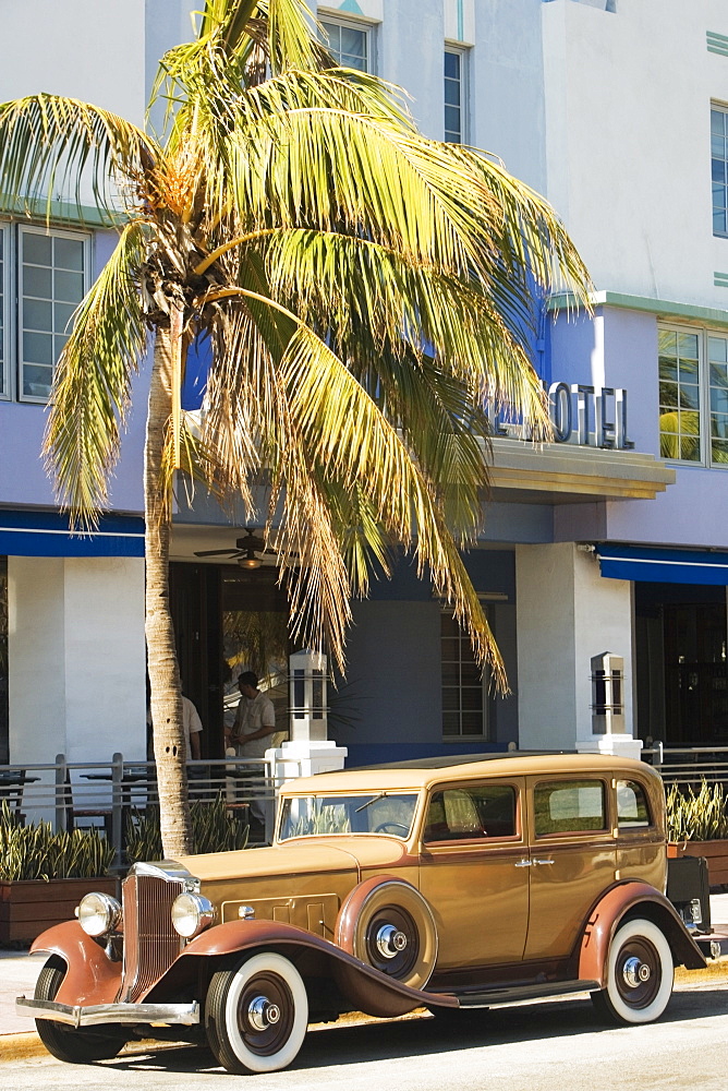 Vintage car parked in front of a hotel, Miami, Florida, USA