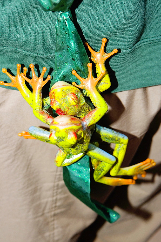 Close-up of two toy frogs