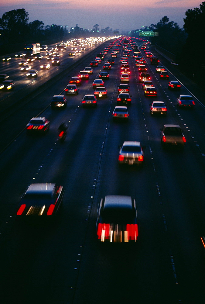 Traffic on Santa Monica freeway at sunset, Los Angeles, CA