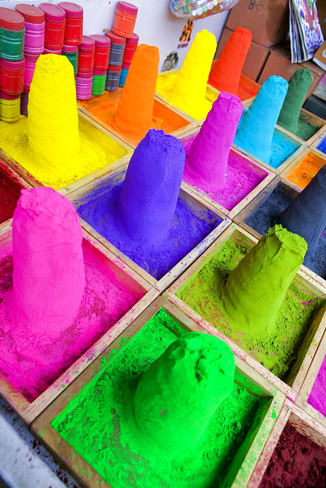 Close-up of mounds of colored powder used for Hindu rituals, Pushkar, Rajasthan, India